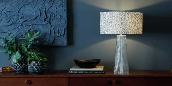 Blue blurred printed ceiling and table lamp shade.